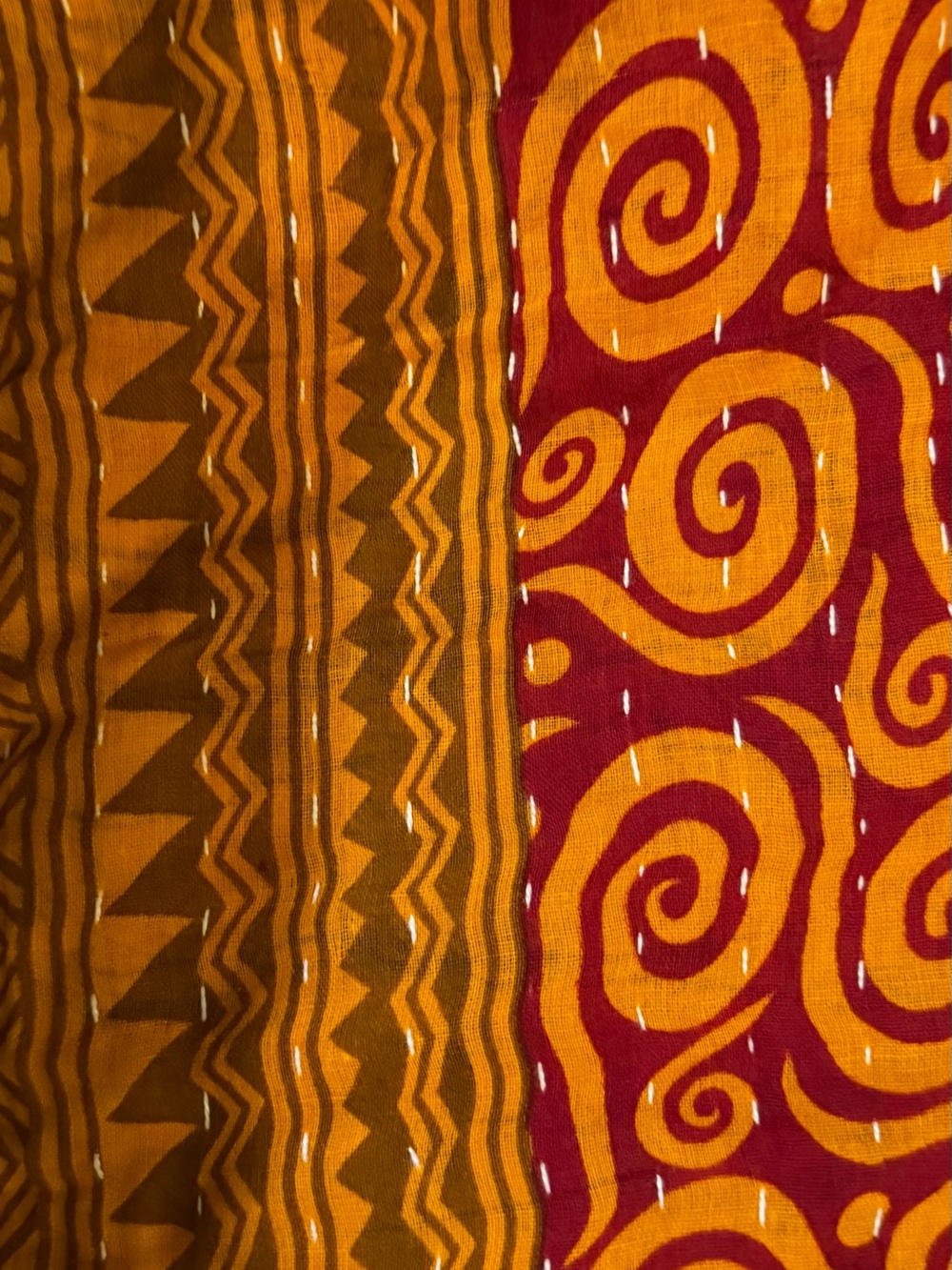 Vibrant Spiral & Geometric Print Fabric — Mustard and Magenta